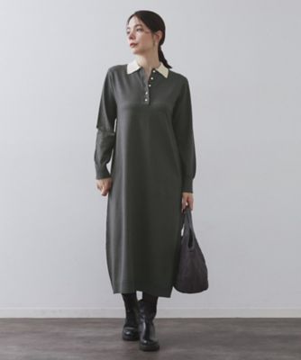 配色ポロ衿ニットワンピース【洗濯機洗い可