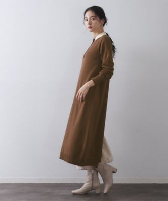 配色ポロ衿ニットワンピース【洗濯機OK】（2002554475