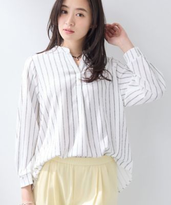 洗える／着心地楽ちん】ブラウス風ストライプカットソートップス