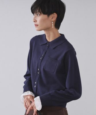 leek☆ページ【お洋服加工】 袖口ドッキング ポロ衿デザインニット【洗濯機洗い可