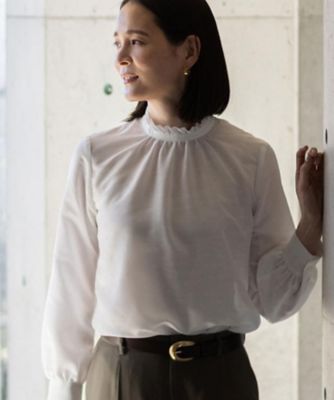 フリルネックサテンジャカードブラウス（2002556940