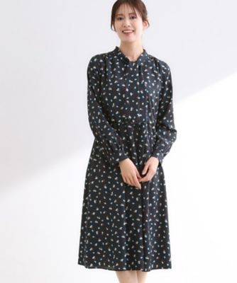 通勤・おでかけにおすすめ◎】フラワープリントボウタイワンピース