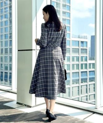 ビアズリー フロント刺繍フランネルワンピース チェック柄 グレー系 洗える 大人可愛い・微起毛】先染めチェック柄フィット＆フレアワンピース