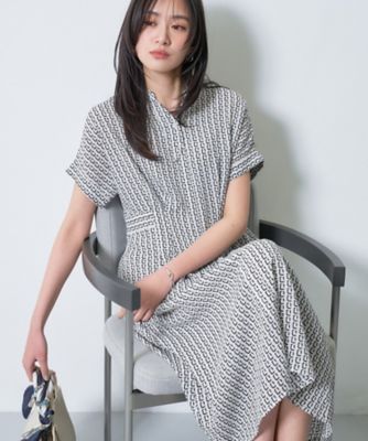 ＜INDIVI L (Women/大きいサイズ)＞【洗える】無地＆チェーン柄　シャーリングサッカーワンピース（２００２５６５３２０）