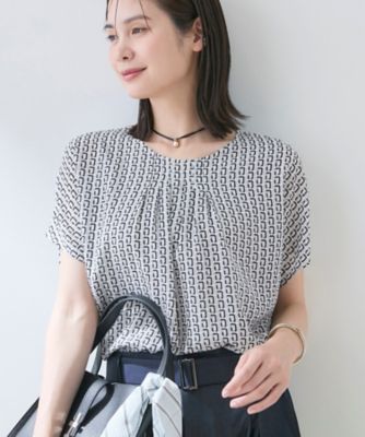 ＜INDIVI L (Women/大きいサイズ)＞【洗える】無地＆チェーン柄　ギャザートップス（２００２５６５３２３）