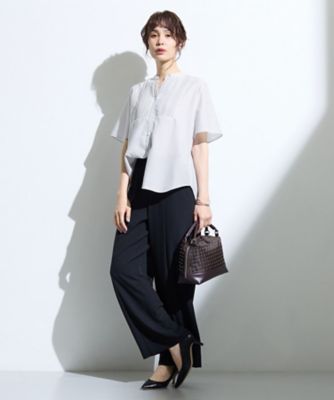 極美品♪23区 デニムライクシャンブレーピンタックブラウス 38 黒 半袖 シャツ/ブラウス 【洗える】デニムライクシャンブレー ピンタック ブラウス
