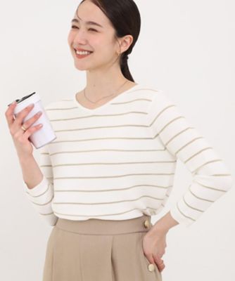 ＜SHOO LA RUE (Women)＞【洗濯機可／Ｓ－ＬＬ】デコルテがきれいに見えるＶネックラメボーダーニット（２００２５７２６６７）