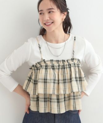 さえら　チェック柄フリルスカーフ ビジュー付き 2点セット】チェック柄フリルキャミビスチェ×テレコロンT