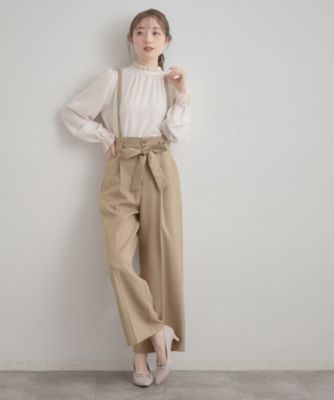 洗える・通勤】ウエストリボン サスペンダー付きワイドパンツ