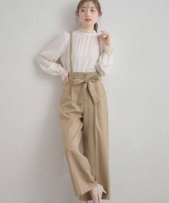 美品♪ベイジ BEIGE, ウエストリボン ワイドパンツ オールインワン 洗える・通勤】ウエストリボン サスペンダー付きワイドパンツ
