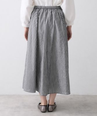 Plantation グレー系ストライプ フレアスカート セットアップ可／洗える】先染めストライプフレアスカート