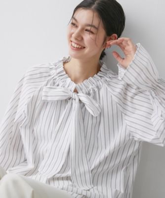 洗える】フリルボウタイストライプブラウス（2002582474