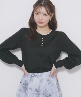 ビジューボタンヘンリーネックニット【洗濯機OK