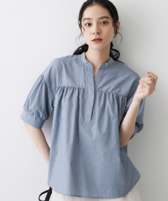 美品 レリアン スキッパーブラウス 25SS ストライプ ブルー 13 洗える】ストライプスキッパーシャツ（2002583119