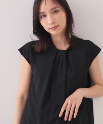 ICB ナロータイブラウス M~L相当 オシャレ 接触冷感 洗濯可能 極美品 汗ジミ防止】透けにくいボウタイブラウス《UVケア／吸水速乾／洗濯機