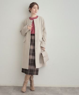 通勤／ビジューブローチ付き】ノーカラー ロングコート