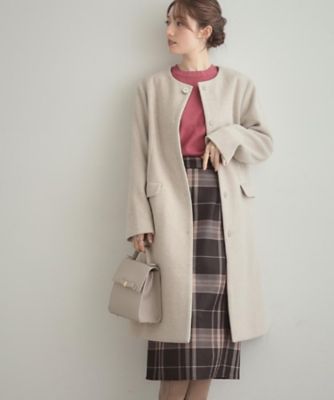 通勤／ビジューブローチ付き】ノーカラー ロングコート