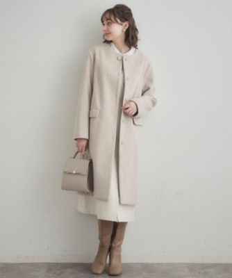 通勤／ビジューブローチ付き】ノーカラー ロングコート
