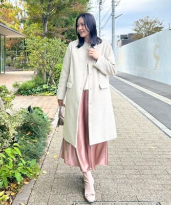 通勤／ビジューブローチ付き】ノーカラー ロングコート