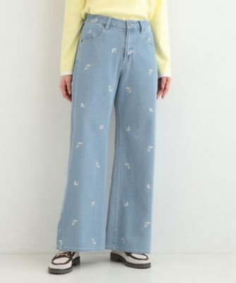 洗濯機可／S－LL】フラワー刺繍が女性らしさをプラス バギーデニム