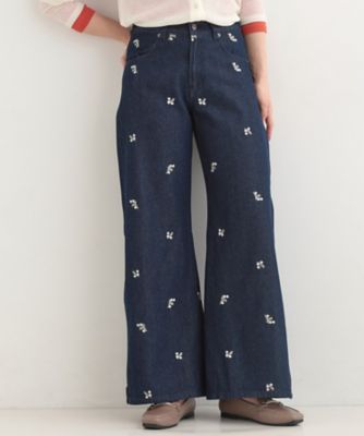 洗濯機可／S－LL】フラワー刺繍が女性らしさをプラス バギーデニム