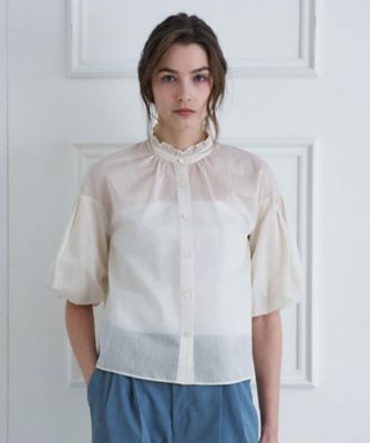 ＜DRESSTERIOR (Women)＞【１枚で着映え／ウォッシャブル】ストライプスタンドフリルボリュームスリーブブラウス（２００２５８９７６０）