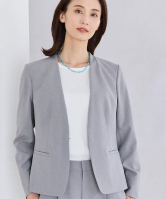 新品未使用　13号　グレーノーカラージャケット アウトレット】【夏向け】麻調グレー ノーカラージャケット