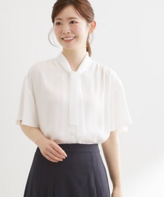 ミント様reflect 着痩せ効果！マシンウォッシュ可能 フレアースリーブ マシンウォッシュ可】フレアスリーブボウタイブラウス