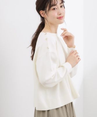 24AW フロントジップボートネックニット★ホワイト おうちで洗える】顔周りすっきり、ボートネックニット