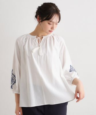 ＜LAURA ASHLEY＞【コットン１００％／７分袖／４ｃｏｌｏｒｓ】フォスコット　ダマスク柄　刺繍ブラウス（２００２５９１２０４）