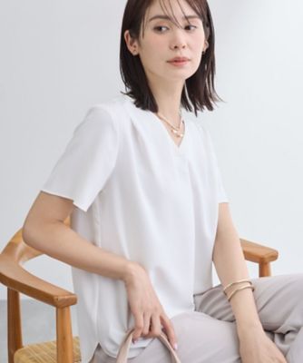 ＜INDIVI S (Women/小さいサイズ)＞【洗える／ＵＶケア】幾何学柄＆無地　タックＶネック　半袖ブラウス（２００２５９１６８４）