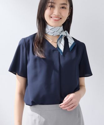 新品タグ付 Ｖネック 半袖ブラウス ブラック Mサイズ 洗える／UVケア】幾何学柄＆無地 タックVネック 半袖ブラウス