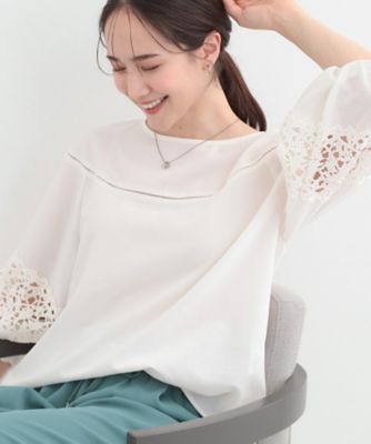 ＜SHOO LA RUE (Women)＞【洗濯機可／７分袖】インせず着られる　透かし編み柄が上品な　レース切替ブラウス（２００２５９３１２９）