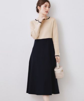 ハレの日・通勤】スクエアネック バイカラー ニットワンピース