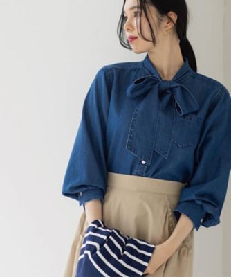 セルロース混デニムボウタイブラウス【洗濯機OK