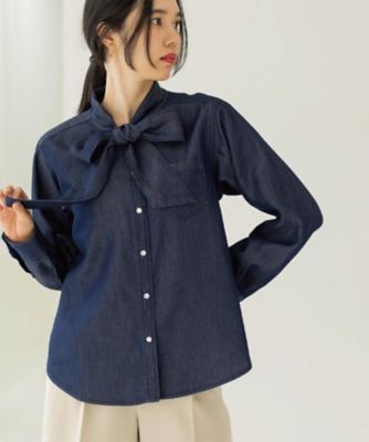 セルロース混デニムボウタイブラウス【洗濯機OK