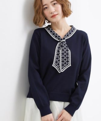 T465 美品 M ディオール ロゴ刺繍 ボウタイ ニット ブラウス レディース ディテールで差がつく 大人のスカーフ柄ボウタイニット