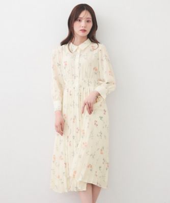 衿付き花柄プリーツフレアワンピース【洗濯機OK／イージーアイロン