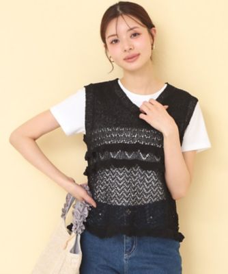 透かし編みミニペプラムノースリーブニット【洗濯機OK
