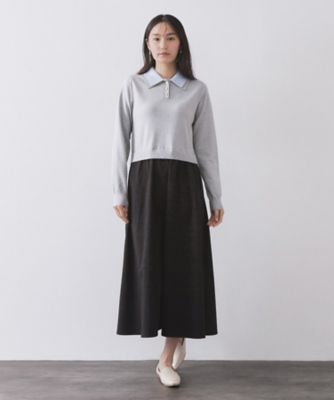ダブルポロ衿ニットドッキングワンピース【洗濯機OK