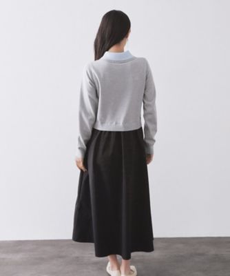ダブルポロ衿ニットドッキングワンピース【洗濯機OK