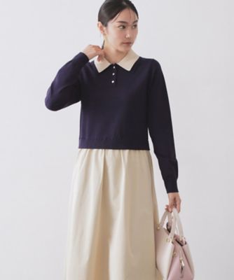 ダブルポロ衿ニットドッキングワンピース【洗濯機OK