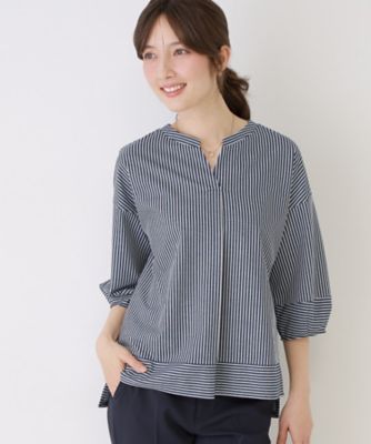 drawer ストライプトップス Aletta vita シャツ ストライプ 長袖 フレンチ リムーバルスリーブ