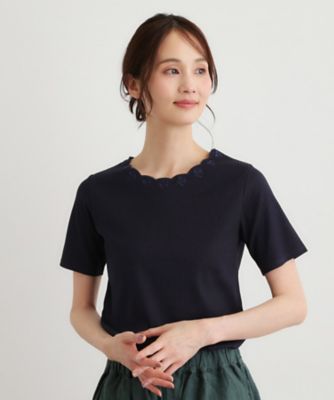 日本製／コットン100％】スカラップ刺繍カットソー