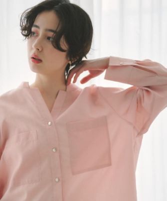 刻みネックですっきり見え】Wポケット金ボタンシャツ