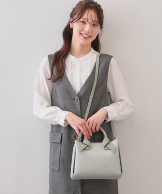 2WAYバイカラーリボンハンドル合成皮革ミドルトートバッグ