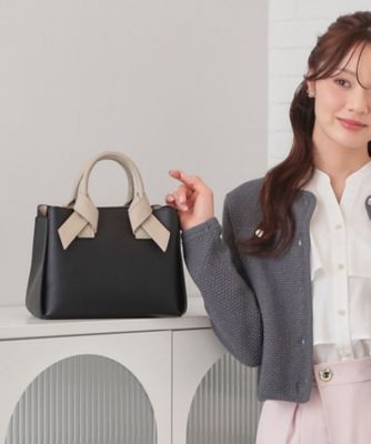 2WAY】バイカラーリボンハンドル合成皮革ミドルトートバッグ