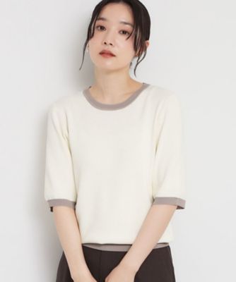 ＜THE SHOP TK (Women)＞【ひんやり／洗濯機ＯＫ／毛玉になりにくい／ＵＶ】さりげないラインで品よく映える　配色５分袖ニット（２００２６０３３０５）