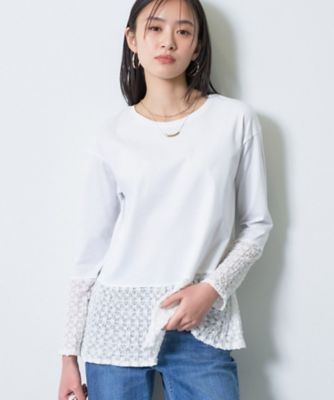 ＜INDIVI L (Women/大きいサイズ)＞【洗える／レイヤードにおすすめ】シャーリングレース　ロングＴシャツ（２００２６０３６４３）