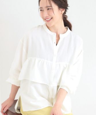 ＜SHOO LA RUE (Women)＞【Ｓ－ＬＬ】程よい甘さが魅力　ギャザー切り替えフリルシャツ（２００２６０４１６１）